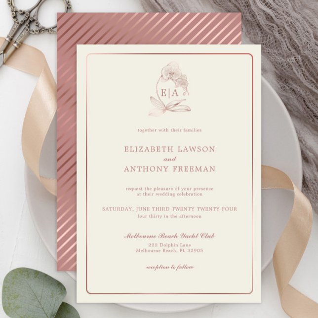Invitation Élégant Rose Dusty Mariage orchidée Monogram (Créateur téléchargé)