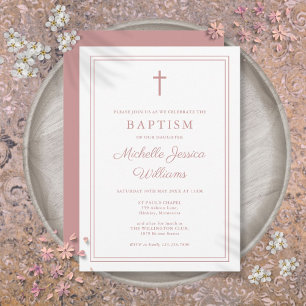 Invitation Élégant Rose Dusty moderne Baptême frontière rose