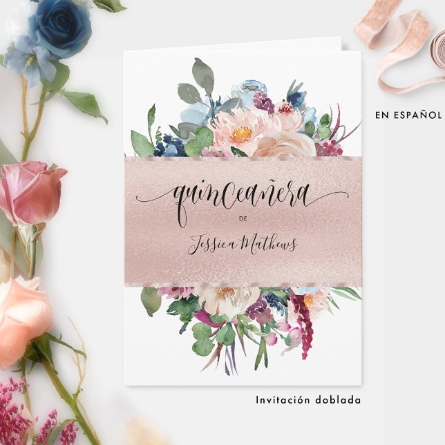 Invitation Élégant Rose espagnol Gold Quinceañera plié (Créateur téléchargé)