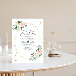 Invitation Elégant rose et blanc Aquarelle Fleurs d'or goutte
