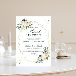 Invitation Elégant rose et blanc Aquarelle Fleurs d'or goutte