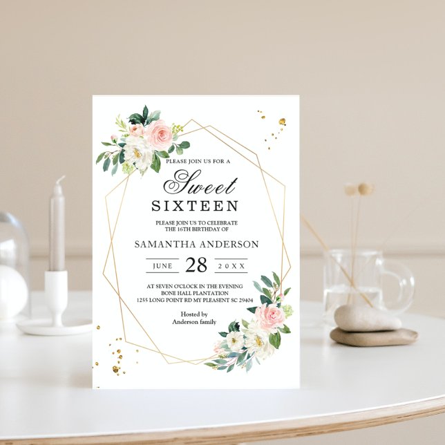 Invitation Elégant rose et blanc Aquarelle Fleurs d'or goutte (Créateur téléchargé)