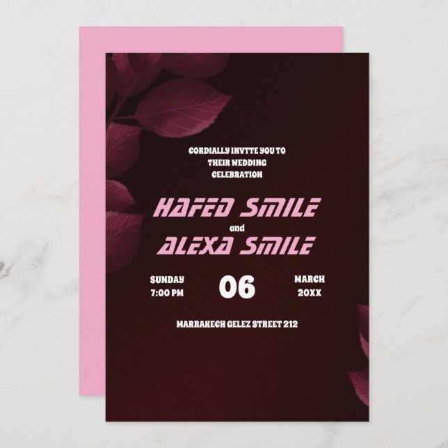 Invitation Elégant rose et design floral et Mariage de  en (Devant / Derrière)