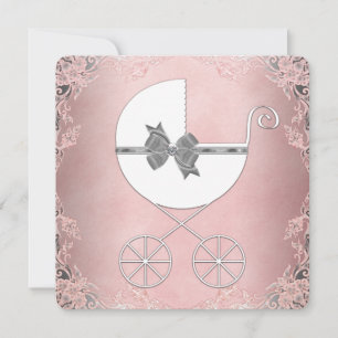 Invitation Elégant rose et gris bébé fille douche