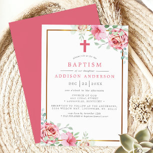 Invitation Élégant rose et or floral avec Baptême croisé