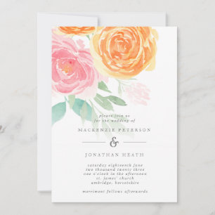 Invitation Elégant rose et orange Aquarelle Rose Mariage
