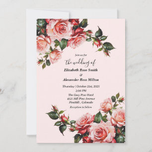 Invitation Élégant rose et roses rouges mariage floral