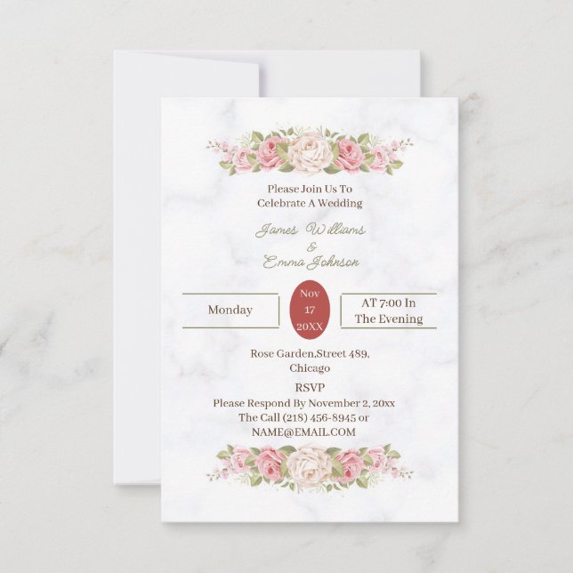 Invitation Élégant Rose Fleur Customisé Mariage (Devant)