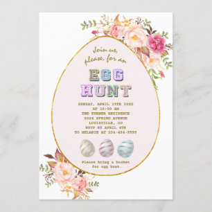 Invitation Elégant rose Fleurs blanches Or Chasse aux oeufs P