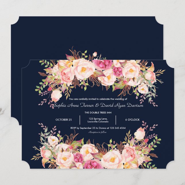 Invitation Elégant rose Fleurs de couleur bleu marine Mariage (Devant / Derrière)