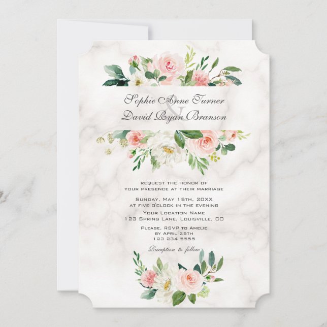 Invitation Élégant rose Fleurs de Crème Noire Mariage en marb (Devant)