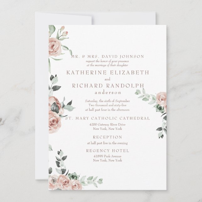 Invitation Elégant rose Fleurs Eucalyptus 2 Mariage de lieu (Devant)