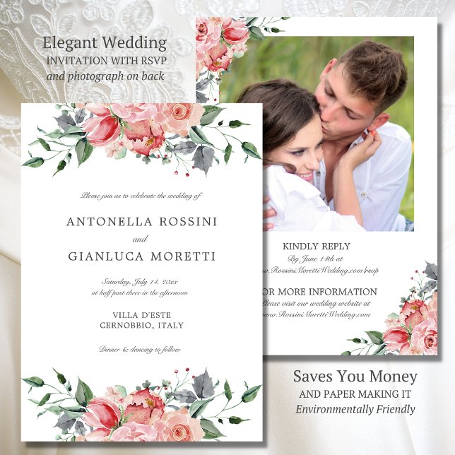 Invitation Elégant rose Fleurs Photo RSVP Mariage (Elegant wedding invitation with RSVP on back saves you money and is environmentally friendly)