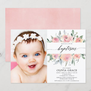 Invitation Elégant rose floral aquarelle fille baptême photo