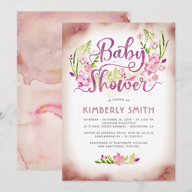 Invitation Élégant rose floral - Baby shower fille (Devant / Derrière)