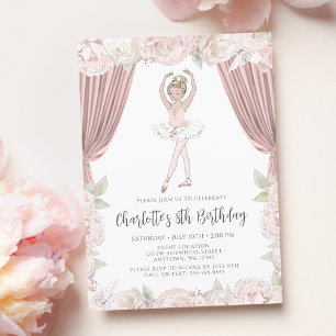 Invitation Elégant rose floral Ballerina Blonde fille Anniver