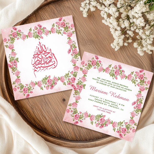 Invitation Élégant rose floral bébé fille Aqiqah (Créateur téléchargé)
