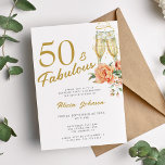 Invitation Élégant rose floral cinquante fabuleux 50e anniver<br><div class="desc">Scénario de calligraphie moderne en faux or tendance 50 ans et fabuleuses années d'anniversaire blanc invitation avec flûtes de champagne et roses de pêche beige rose.</div>