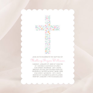 Invitation Elégant rose Floral Cross Baby Girl Baptism