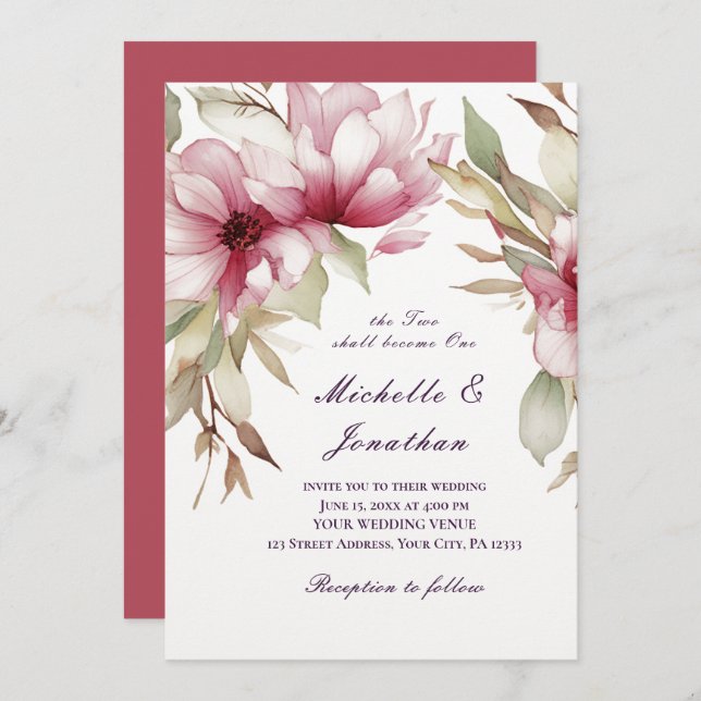 Invitation Élégant Rose Floral Deux Deviendront Une Bible (Devant / Derrière)