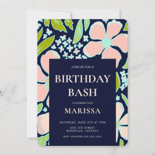 Invitation Elégant rose floral et bleu Bassin d'anniversaire
