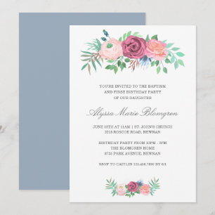 Invitation Élégant rose floral fille Baptême premier annivers