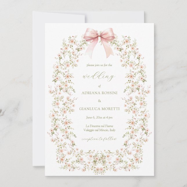 Invitation Élégant rose floral fille Coquette Bow Mariage (Devant)