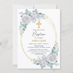Invitation Élégant Rose Floral Gold Cross Baptism