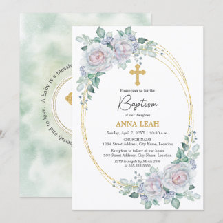 Invitation Élégant Rose Floral Gold Cross Baptism