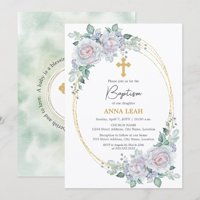 Invitation Élégant Rose Floral Gold Cross Baptism (Devant / Derrière)