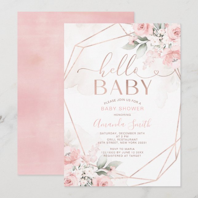 Invitation Élégant rose Floral Hello Baby shower (Devant / Derrière)