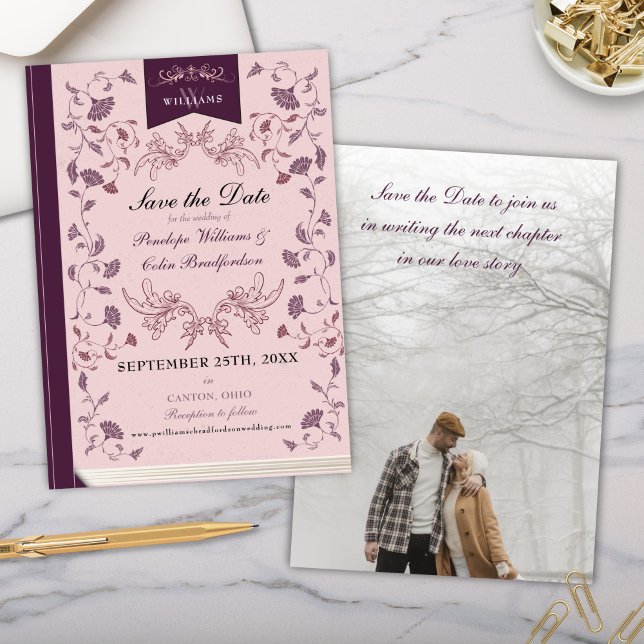 Invitation Élégant rose Floral Library Mariage Enregistrer la (Elegant Pink and Plum Victorian Library Book Cover Wedding Save the Date Invitation Card with Photo)