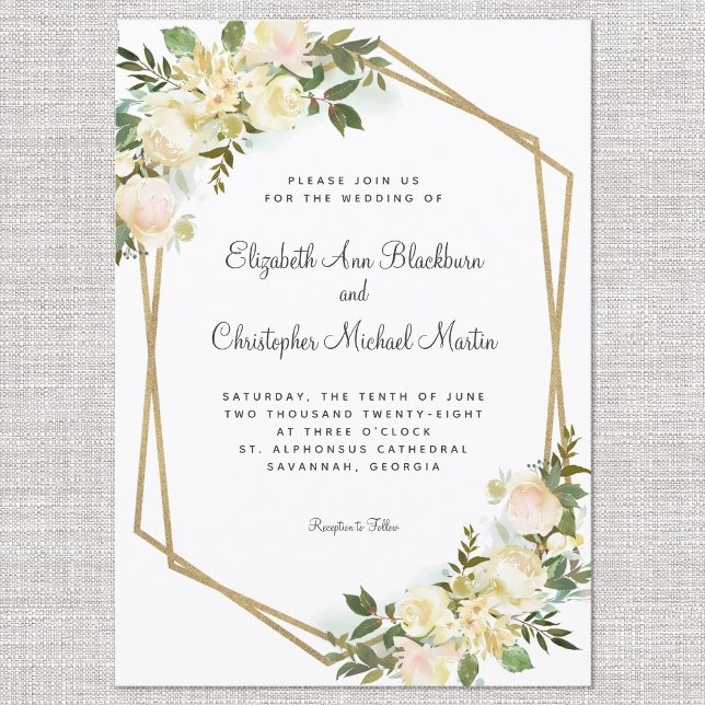 Invitation Elégant Rose Floral Mariage Or géométrique Blanc (Créateur téléchargé)