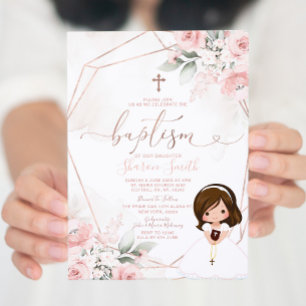 Invitation Élégant rose floral mignon fille Christening Baptê