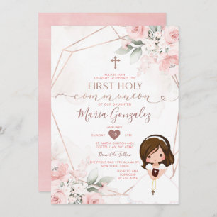 Invitation Élégant rose floral mignon fille première sainte c