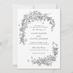 Invitation Élégant Rose Floral noir blanc Mariage Monogramme