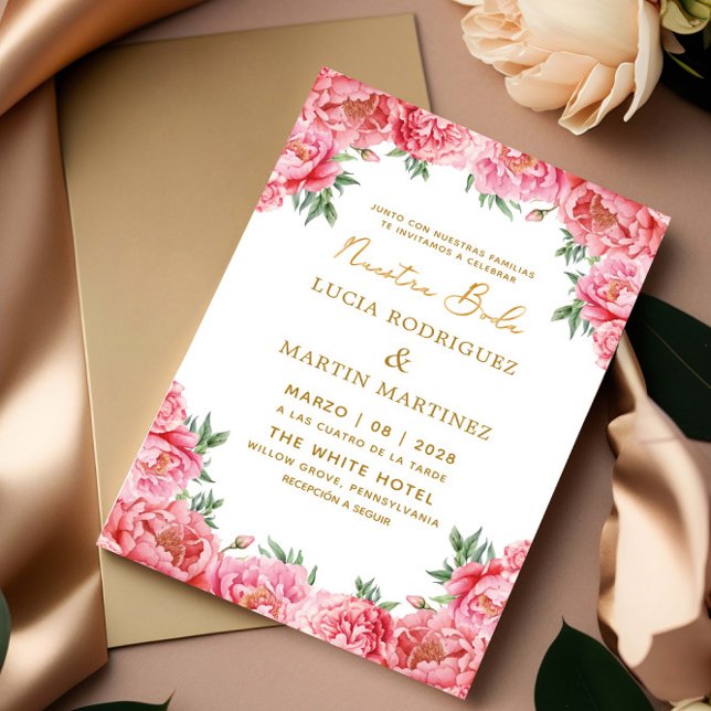 Invitation Élégant rose floral Nuestra Boda (Créateur téléchargé)