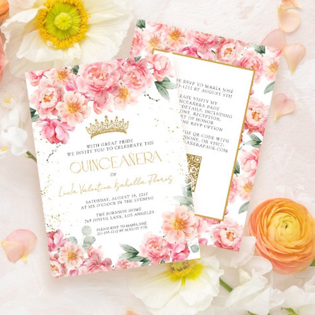 Invitation Elégant rose floral or QR Code Quinceañera (Créateur téléchargé)
