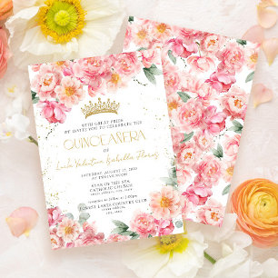 Invitation Elégant rose floral or Tiara Quinceañera