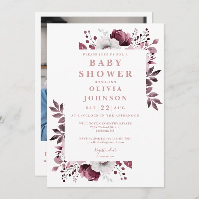 Invitation Élégant rose floral photo QR Code Baby shower (Devant / Derrière)