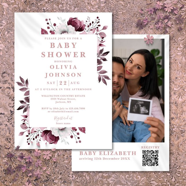 Invitation Élégant rose floral photo QR Code Baby shower (Elegant Pink Floral Photo QR Code Baby Shower Invitation)