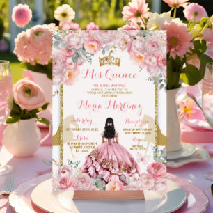 Invitation Élégant rose floral princesse papillon Quinceañera