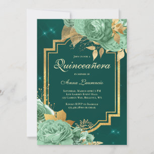 Invitation Élégant Rose Floral Sage Green Gold Quinceanera