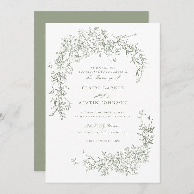 Invitation Élégant Rose Floral Sage Green Mariage Monogramme (Devant / Derrière)
