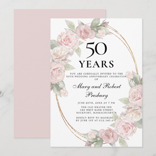 Invitation Élégant Rose Florale Rose 50e Anniversaire (Devant / Derrière)