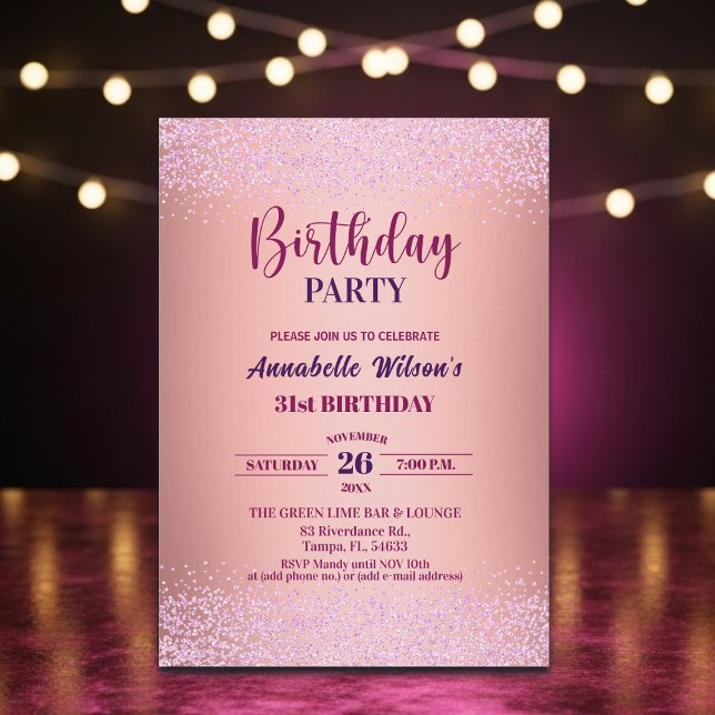 Invitation Elegant Rose Glitter Metallic Pink 31st Birthday  (Créateur téléchargé)
