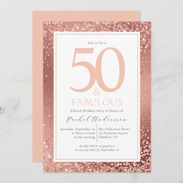 Invitation Elégant Rose Gold 50 et fabuleux 50e anniversaire  (Devant / Derrière)