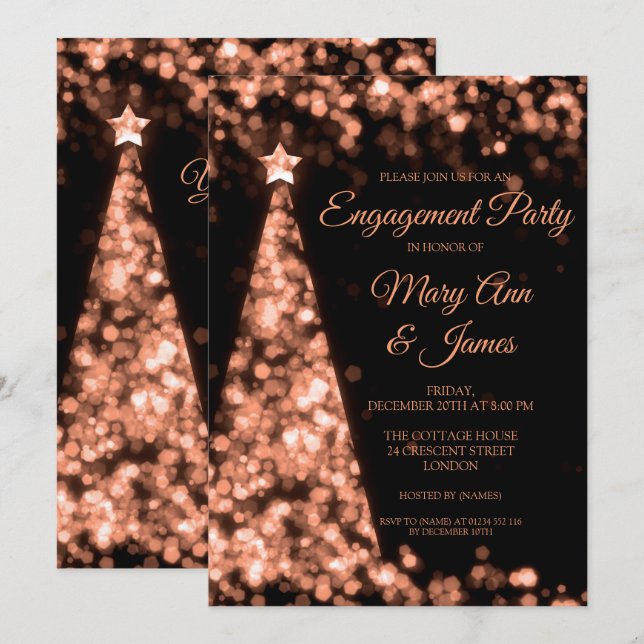 Invitation Élégant Rose Gold Black Christmas Engagement Party (Devant / Derrière)