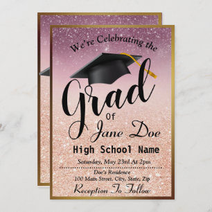 Invitation Élégant Rose Gold & Black Parties scintillant Grad