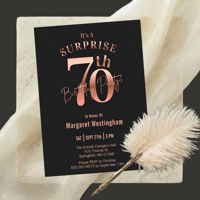 Invitation Elegant Rose Gold Black Surprise 70th Birthday (Créateur téléchargé)